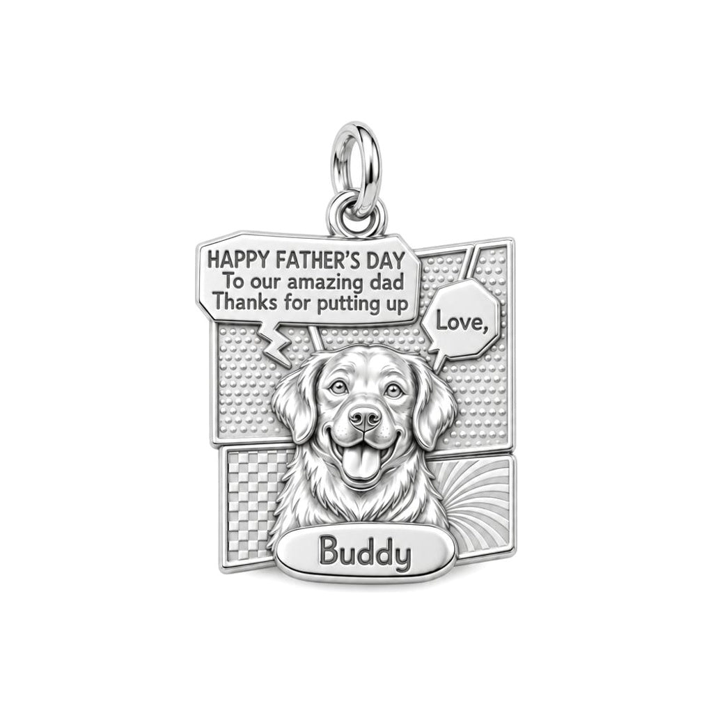Comic Book Hero Pet Charm Bracelet – Personalized Dad Gift – silver plated 3 cm charm, front view