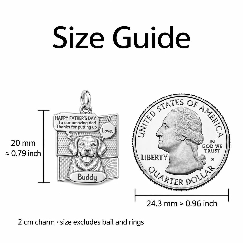Comic Book Hero Pet Charm Bracelet – Personalized Dad Gift – size guide, 3 cm charm next to a quarter