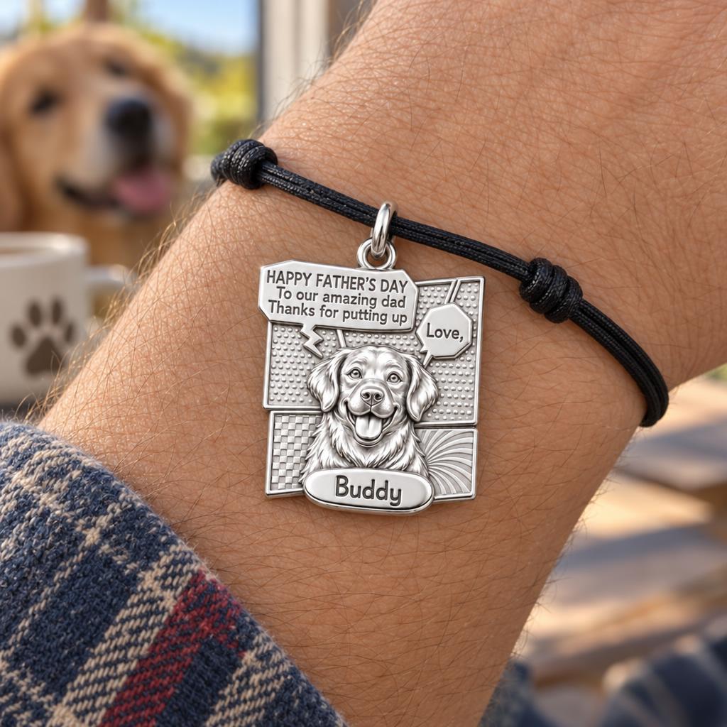 Comic Book Hero Pet Charm Bracelet – Personalized Dad Gift – worn on the wrist on a black cord bracelet