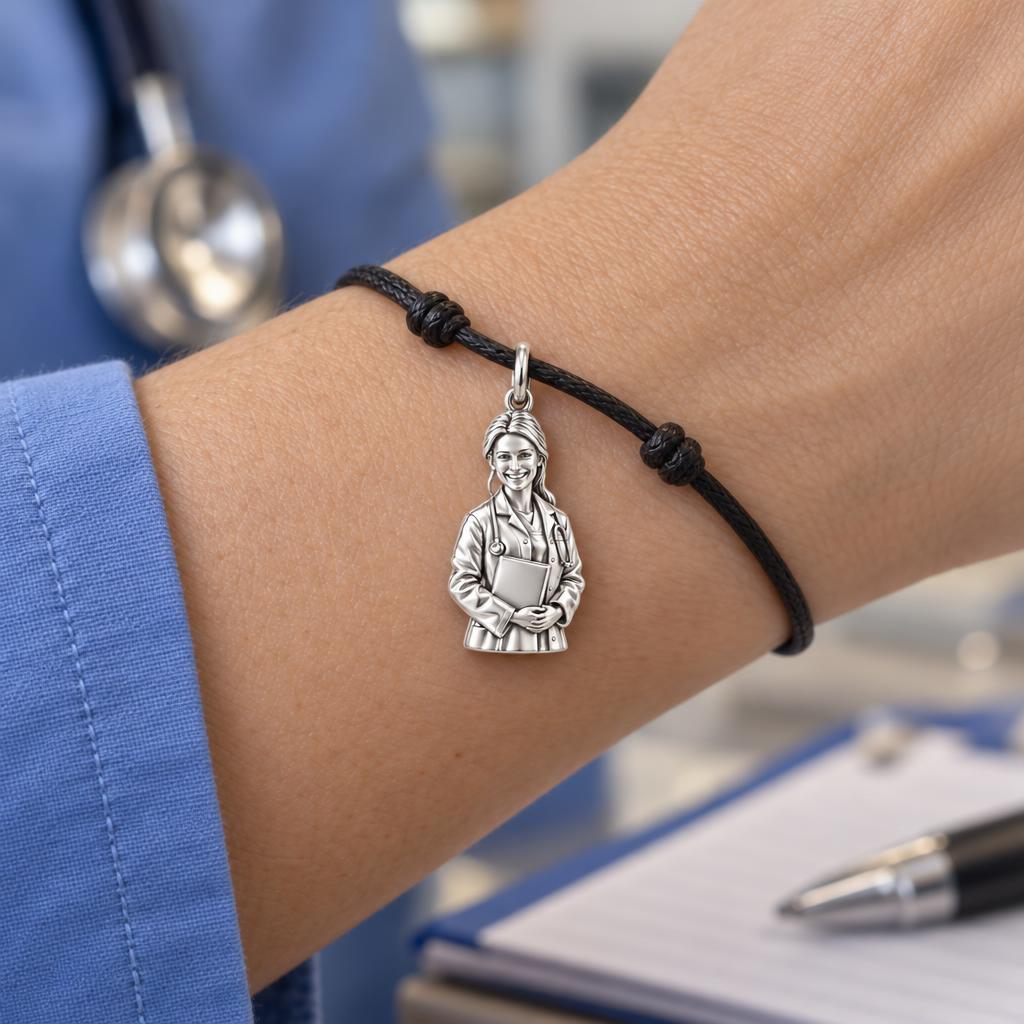 Compassionate Caregiver Charm Bracelet – Personalized Nurse Gift – worn on the wrist on a black cord bracelet