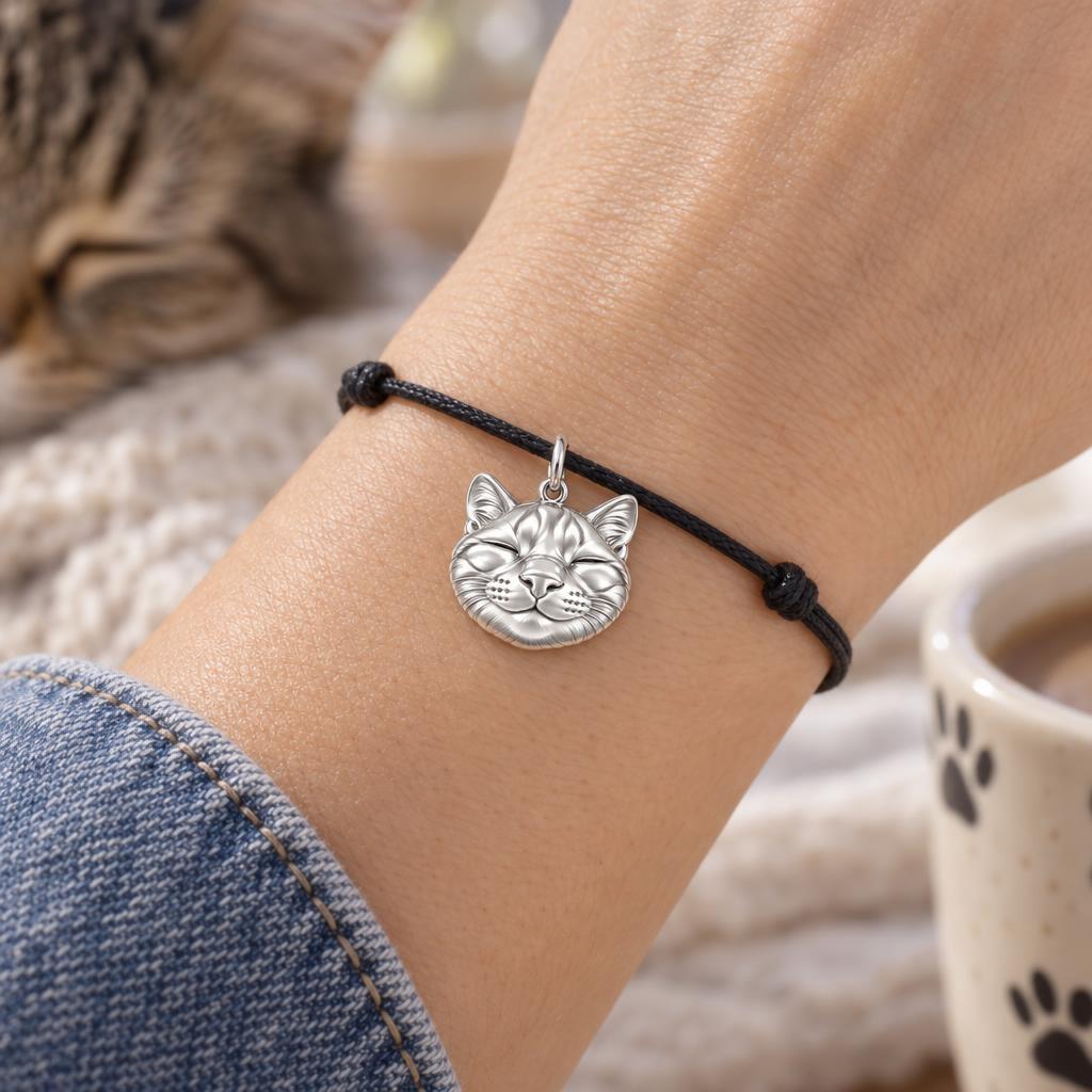 Contented Furry Friend Charm Bracelet – Personalized Cat Mom Gift – worn on the wrist on a black cord bracelet
