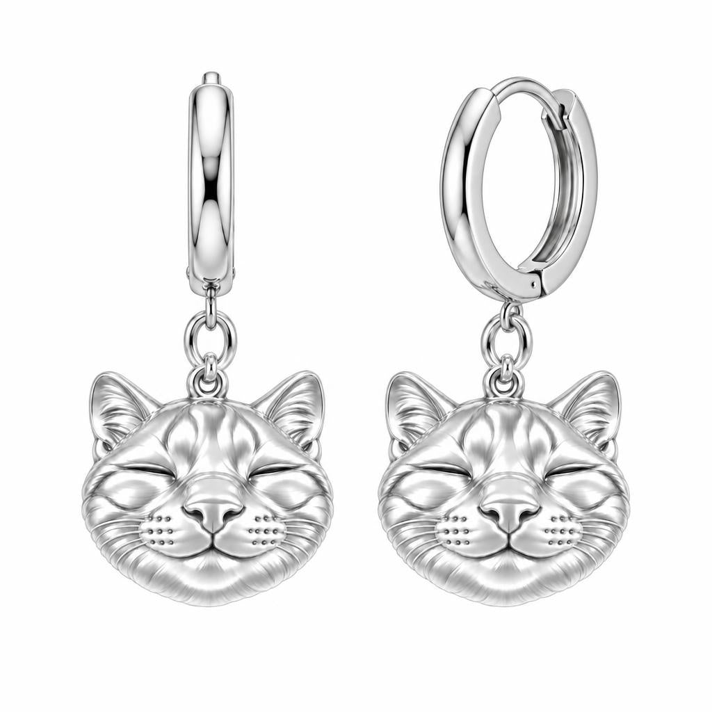 Contented Furry Friend Huggie Charm Earrings – silver, front view