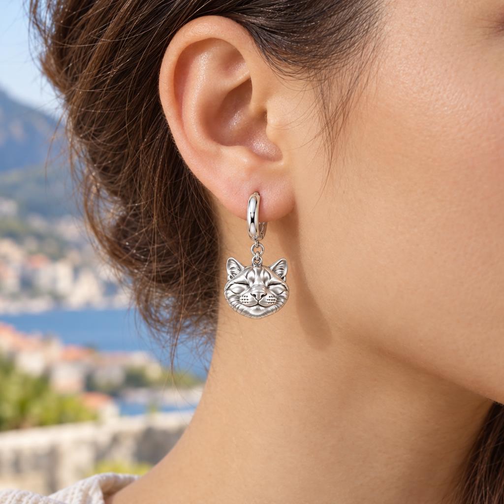 Contented Furry Friend Huggie Charm Earrings – worn / in use