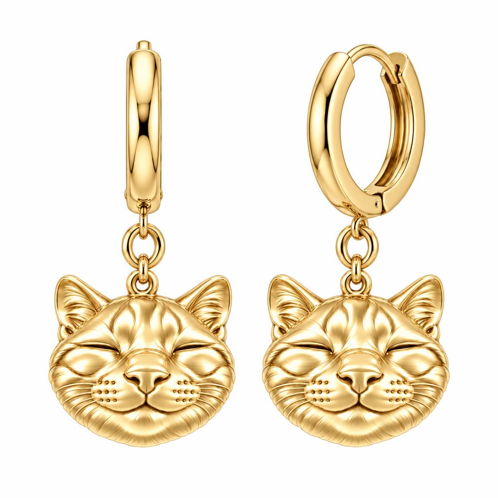 Contented Furry Friend Huggie Charm Earrings – 18K gold, front view