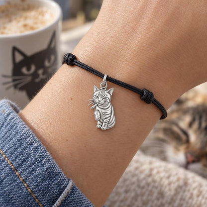 Cool Cat Joint Charm Bracelet – Personalized Cat Mom Gift – worn on the wrist on a black cord bracelet