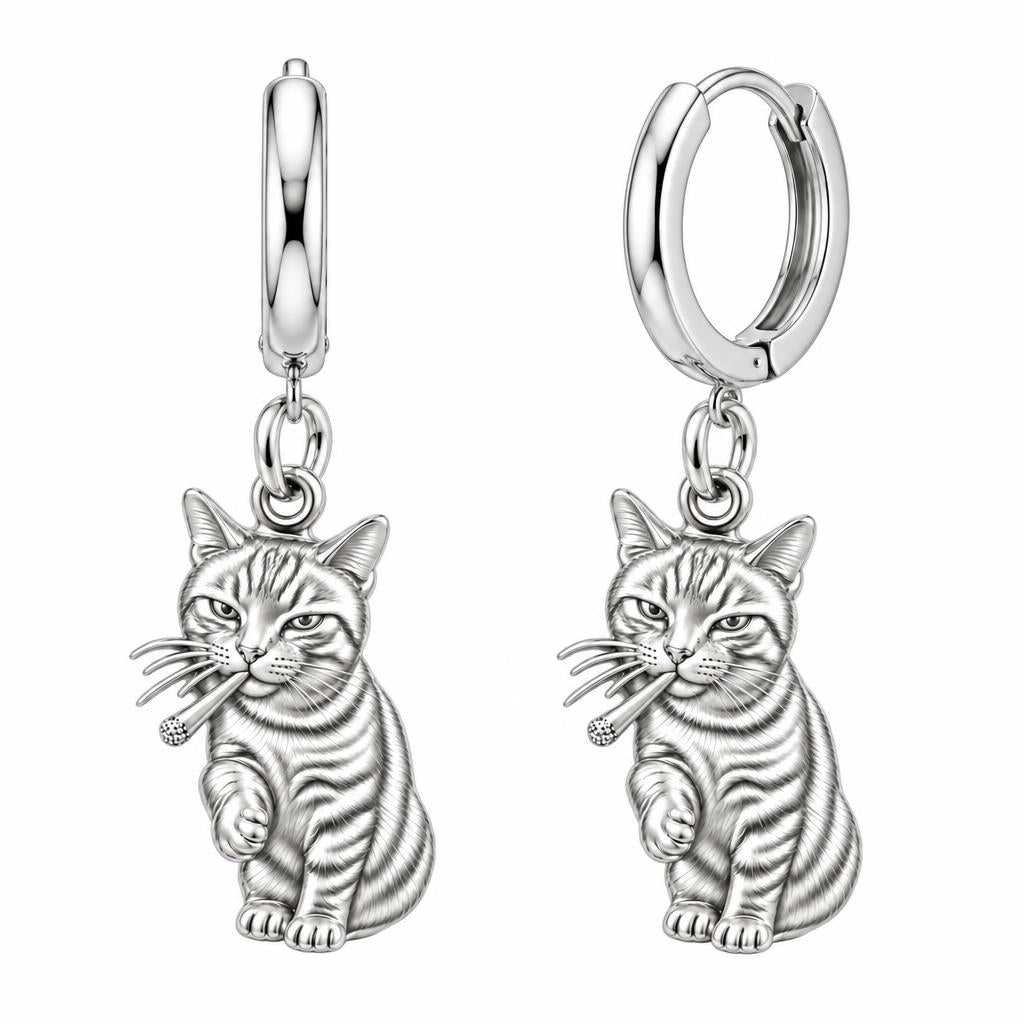 Cool Cat Joint Huggie Charm Earrings – silver, front view