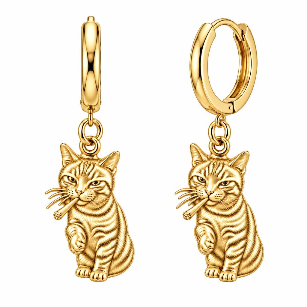 Cool Cat Joint Huggie Charm Earrings – 18K gold, front view