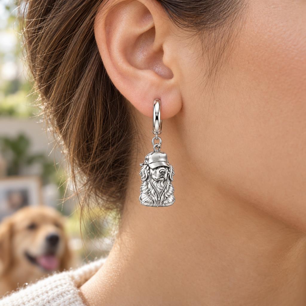 Cool Companion Dog Huggie Charm Earrings – worn / in use