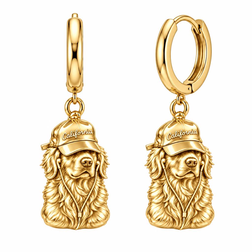 Cool Companion Dog Huggie Charm Earrings – 18K gold, front view