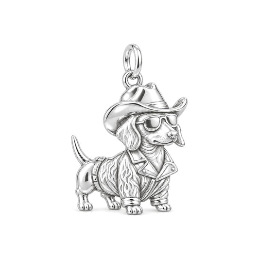 Cool Cowboy Dachshund Charm Bracelet – Personalized Dog Mom Gift – silver charm, front view