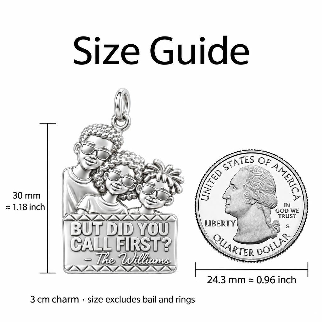 Cool Family Reunion Charm Bracelet – Personalized Family Gift – size guide, 3 cm charm next to a quarter