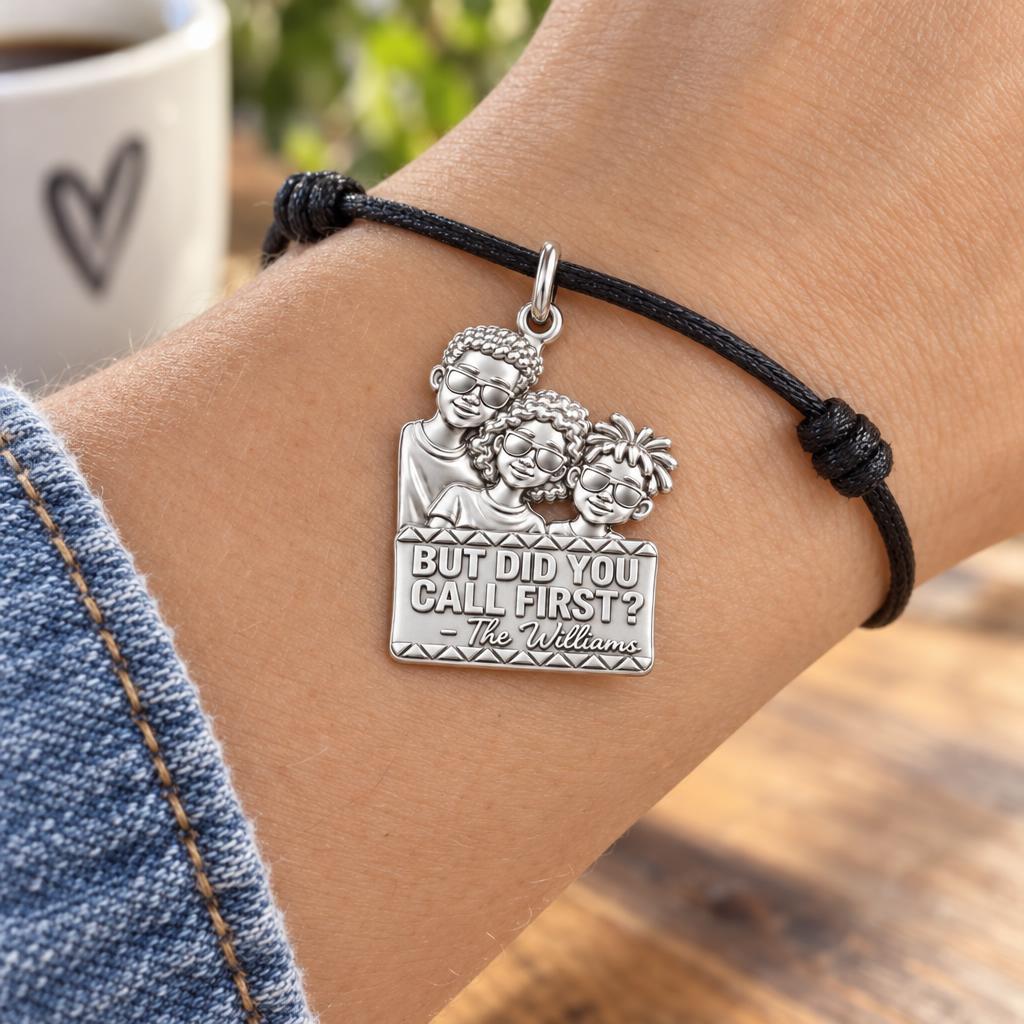 Cool Family Reunion Charm Bracelet – Personalized Family Gift – worn on the wrist on a black cord bracelet