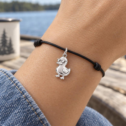 Cool Rubber Duckie Charm Bracelet – Personalized Son Gift – worn on the wrist on a black cord bracelet