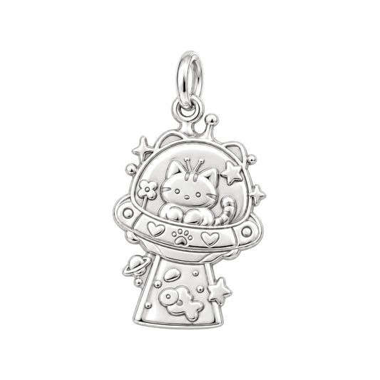 Cosmic Cat Explorer Charm Bracelet – Personalized Cat Mom Gift – silver charm, front view