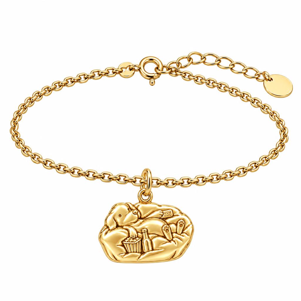 Couch Potato Pup Charm Bracelet Set – 18K gold, front view