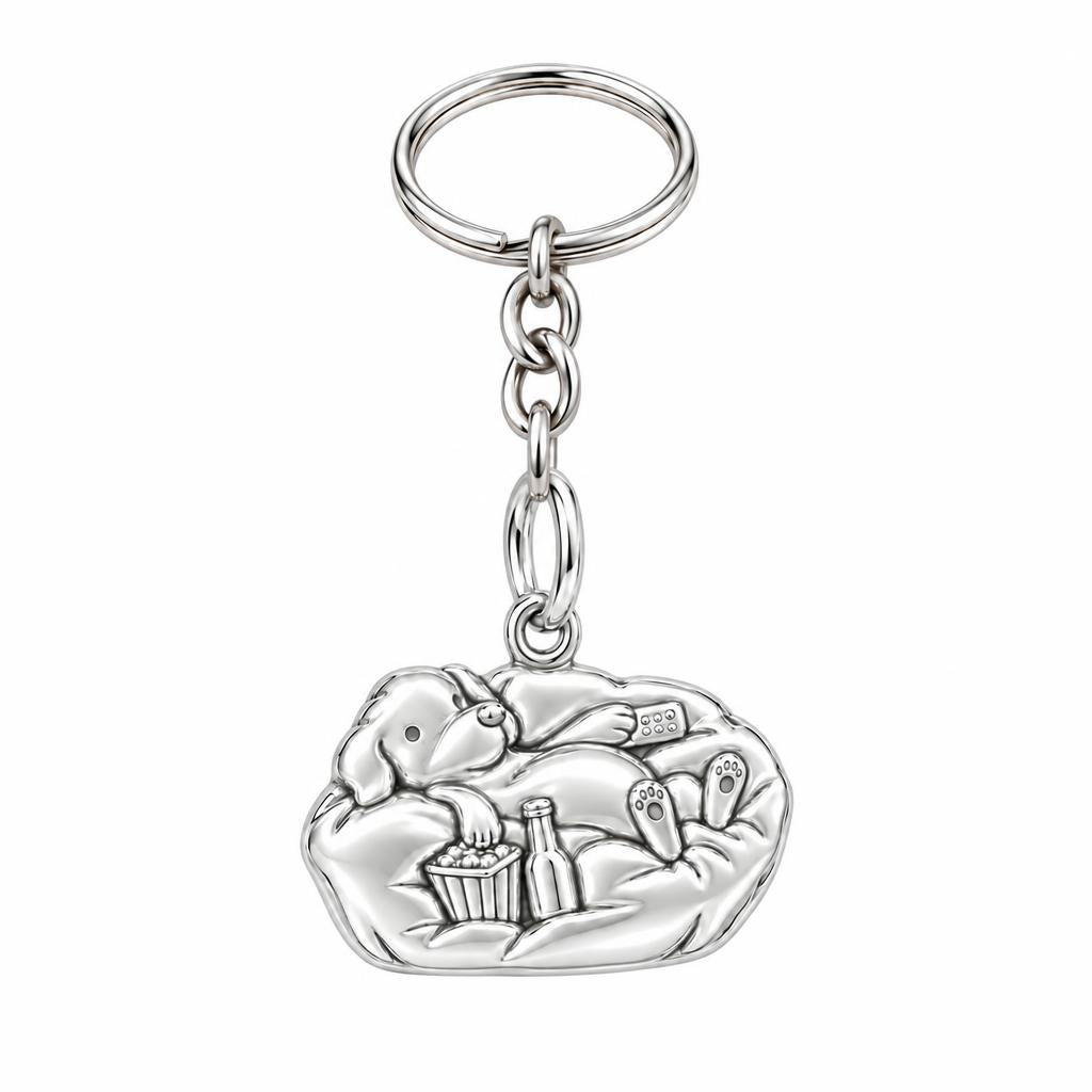 Couch Potato Pup Charm Keychain – silver, front view