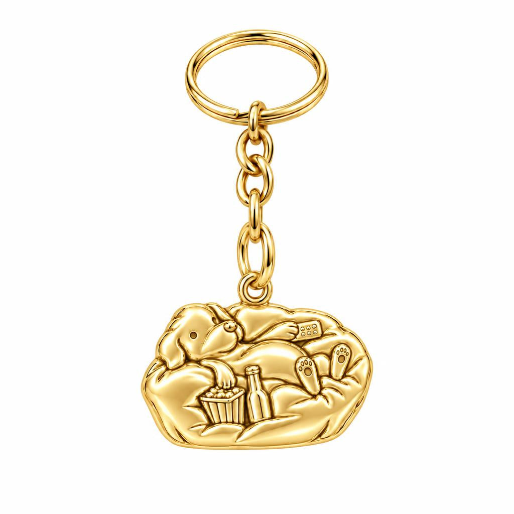 Couch Potato Pup Charm Keychain – 18K gold, front view