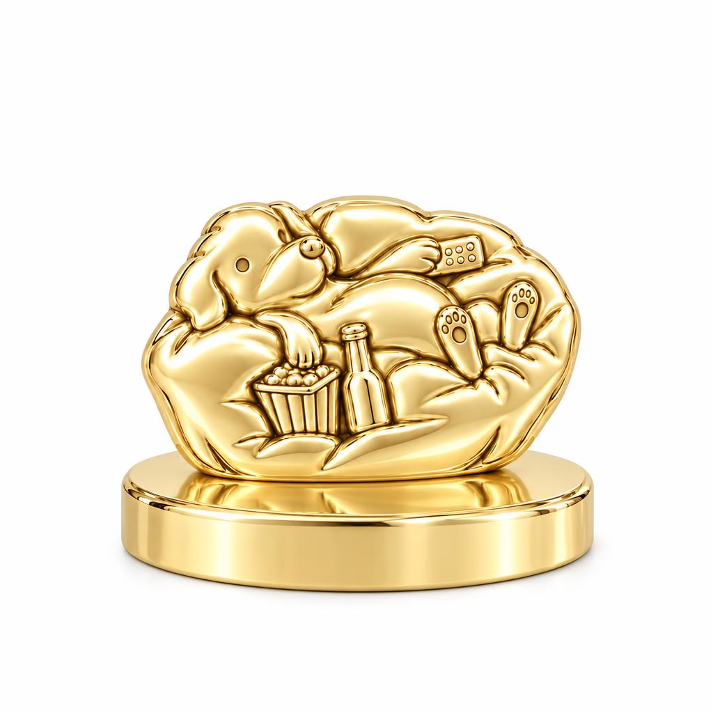 Couch Potato Pup Keepsake Plaque – 18K gold, front view