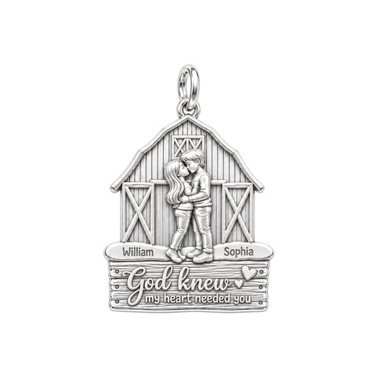 Country Barn Love Story Charm Bracelet – Personalized Couple Gift – silver plated 3 cm charm, front view