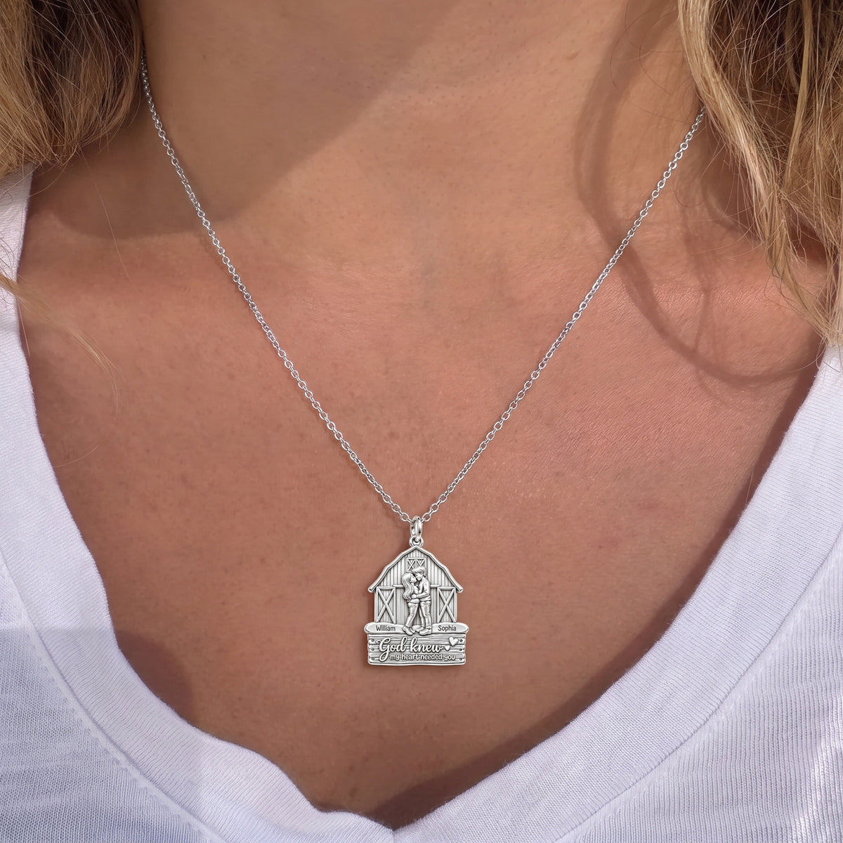 Country Barn Love Story Charm Necklace Set – worn / in use