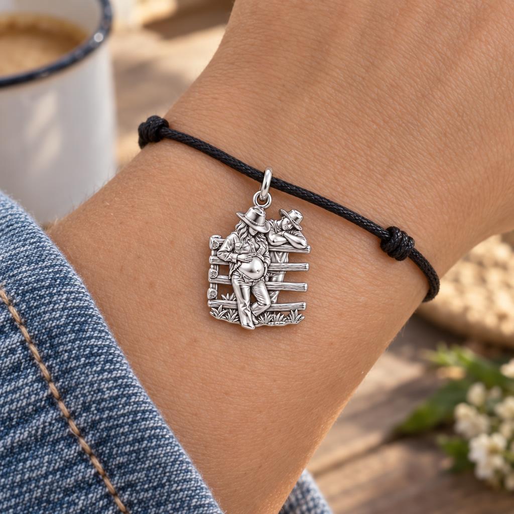 Country Roots Maternity Charm Bracelet – Personalized Mom Gift – worn on the wrist on a black cord bracelet