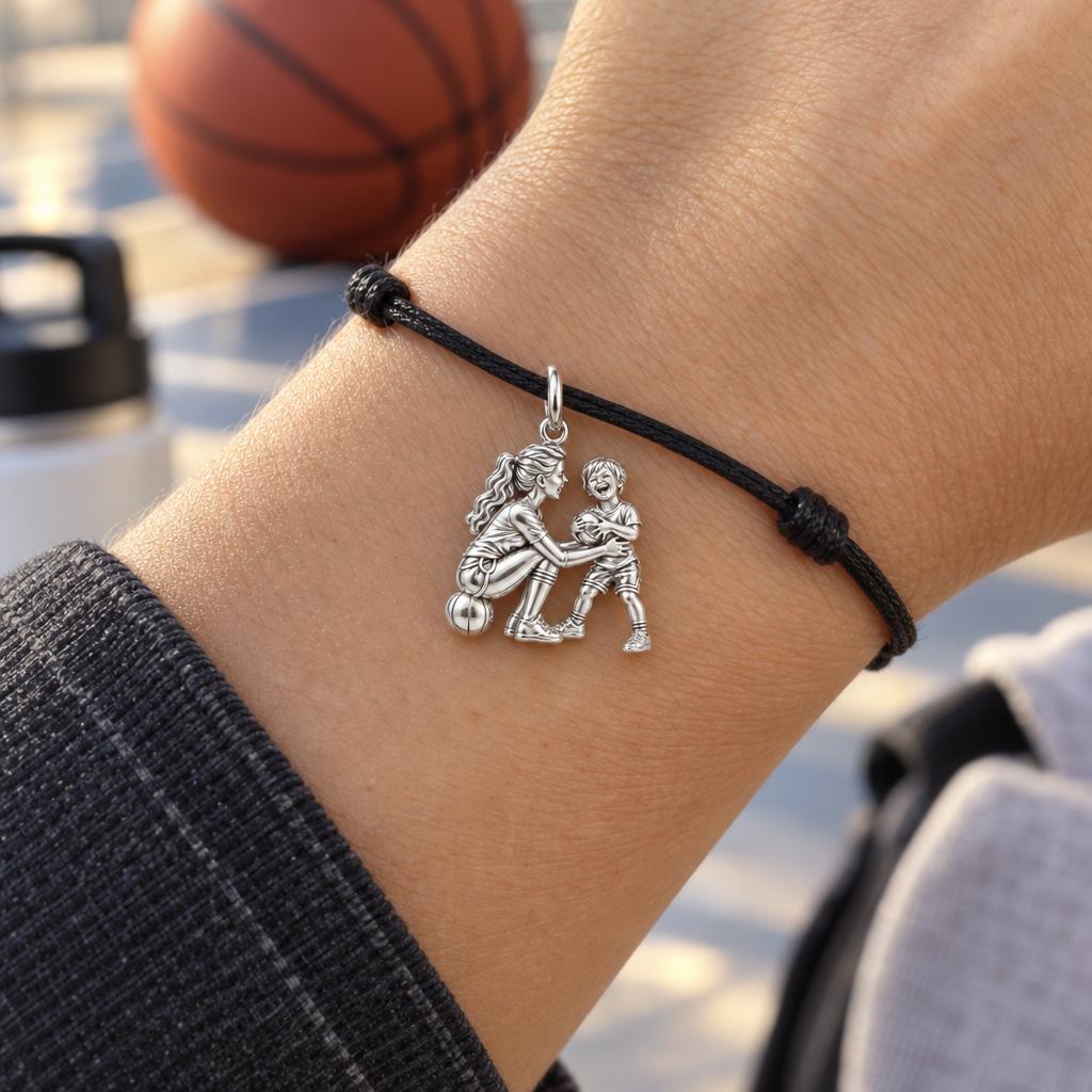 Courtside Connection Charm Bracelet – Personalized Mom Gift – worn on the wrist on a black cord bracelet
