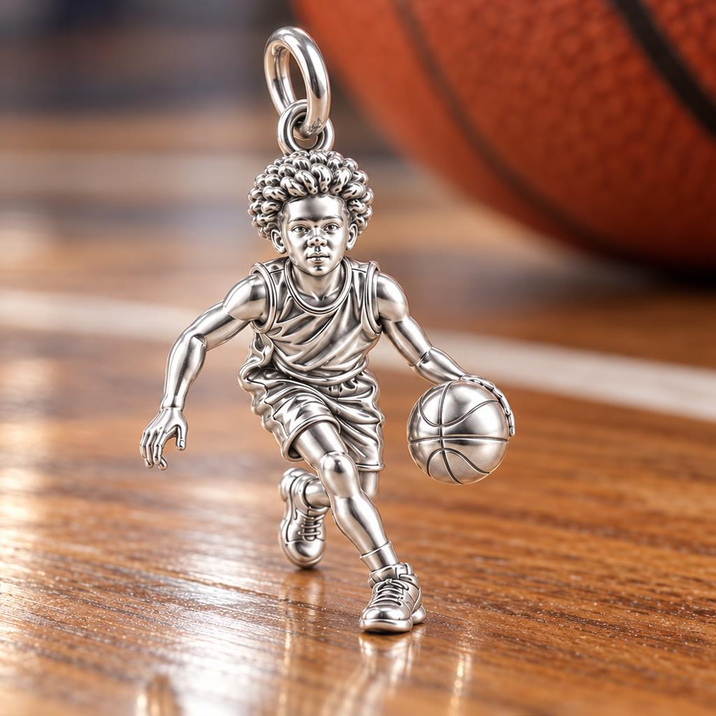 Courtside Dribble Hero Charm Bracelet – Personalized Mom Gift – macro detail of the charm