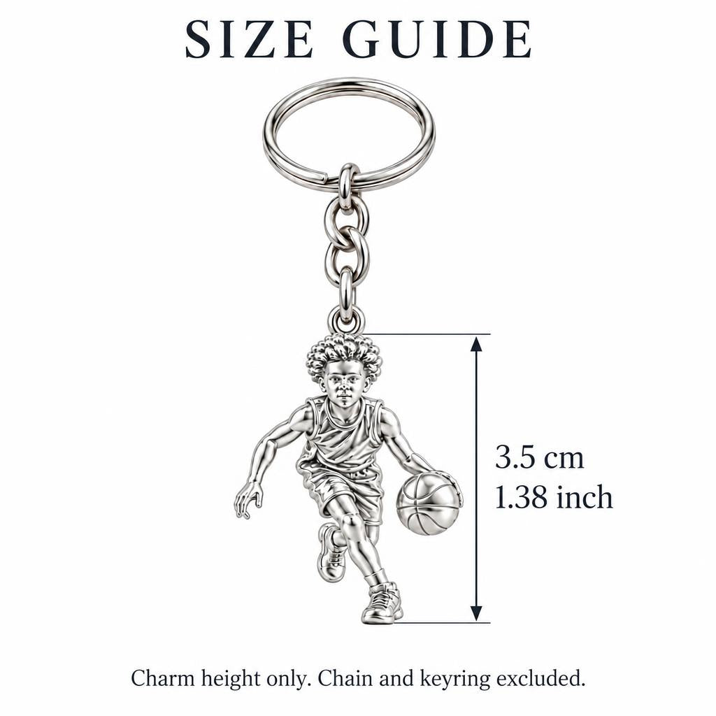 Courtside Dribble Hero Charm Keychain – size guide, 3.5 cm (1.38 in) charm, chain and keyring excluded