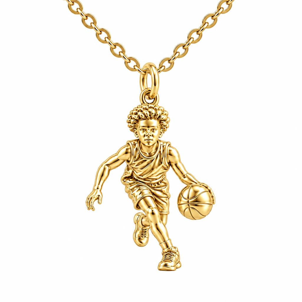 Courtside Dribble Hero Charm Necklace Set – 18K gold, front view
