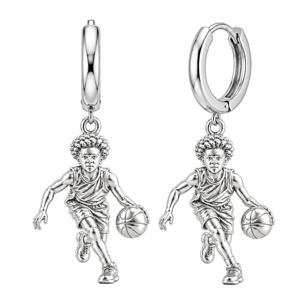 Courtside Dribble Hero Huggie Charm Earrings – silver, front view