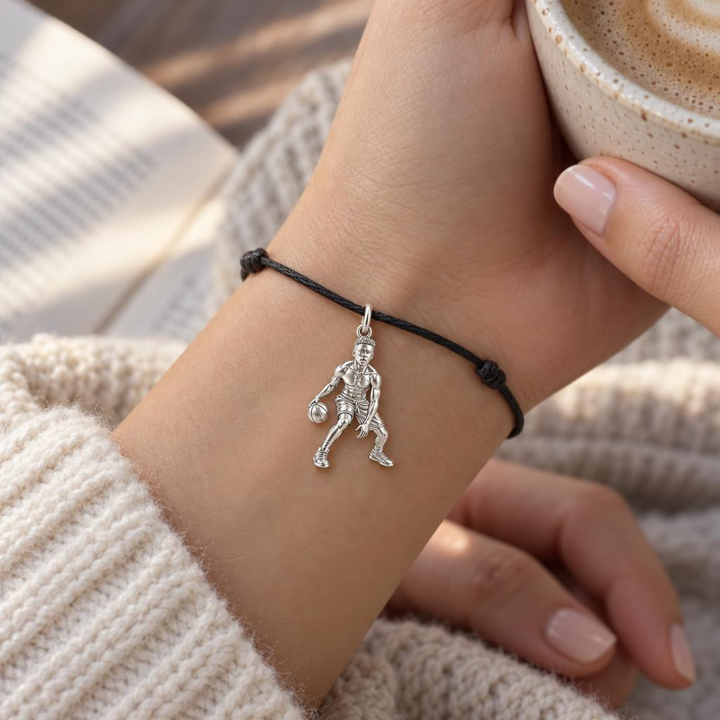 Courtside Dribble Player Charm and Polyester Cord Bracelet Set