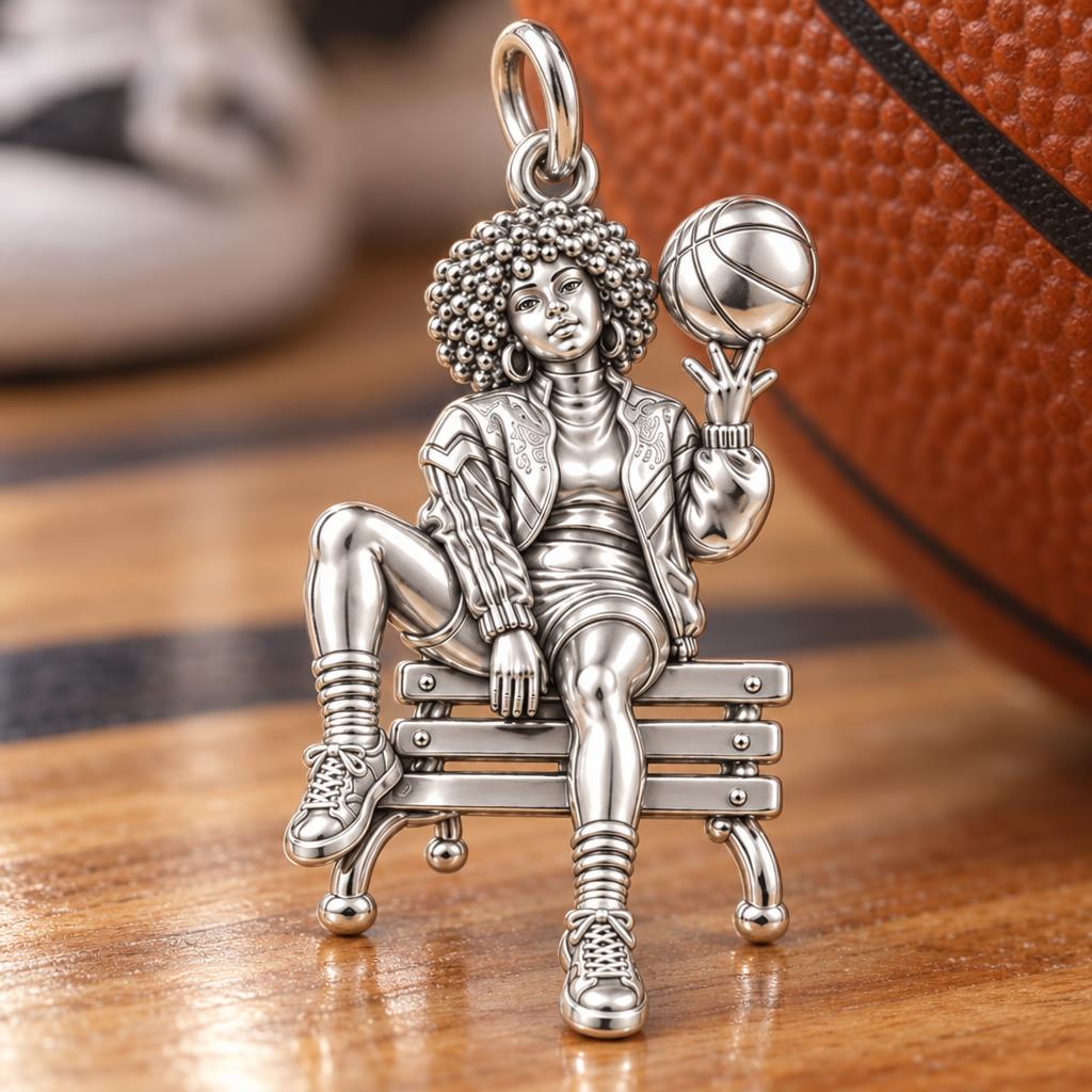 Courtside Queen Basketball Charm Bracelet – Personalized Athlete Gift – macro detail of the charm