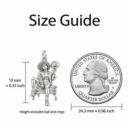 Courtside Queen Basketball Charm Bracelet – Personalized Athlete Gift – size guide, 13 mm charm next to a quarter