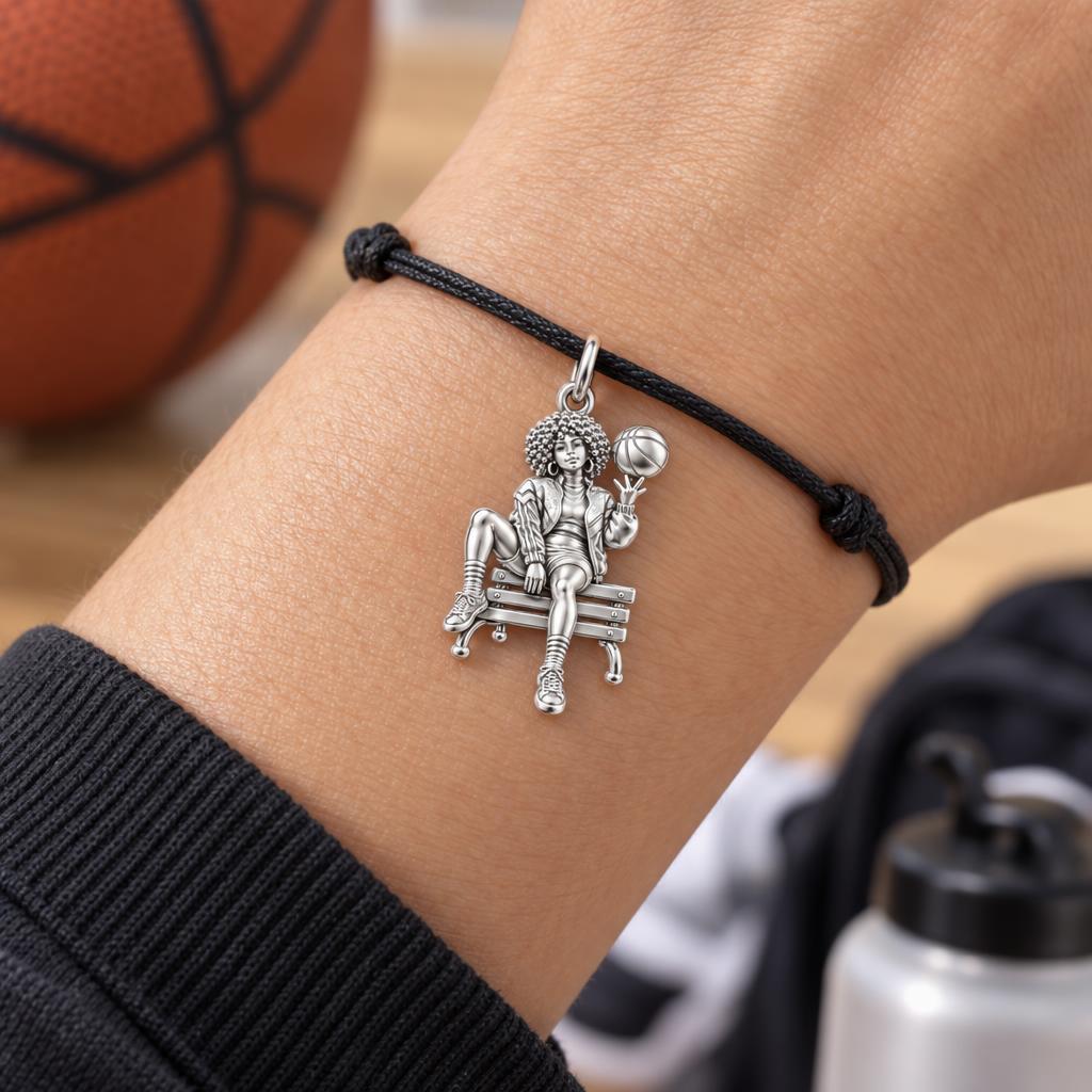 Courtside Queen Basketball Charm Bracelet – Personalized Athlete Gift – worn on the wrist on a black cord bracelet