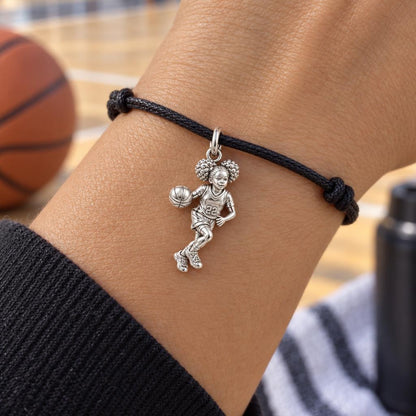 Courtside Star Athlete Charm Bracelet – Personalized Mom Gift – worn on the wrist on a black cord bracelet