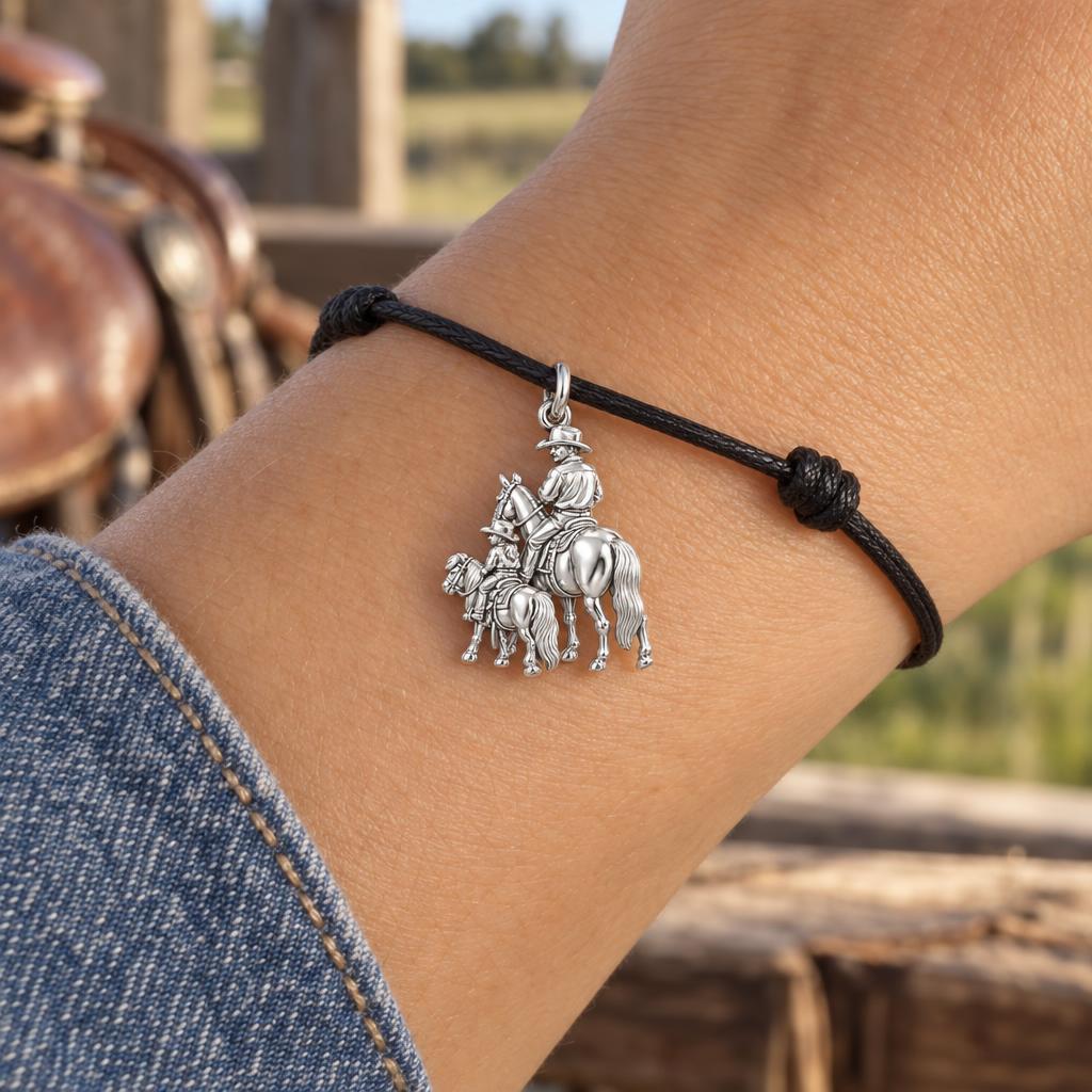 Cowboy Father and Daughter Charm Bracelet – Personalized Dad Gift – worn on the wrist on a black cord bracelet