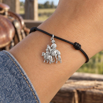 Cowboy Father and Daughter Charm Bracelet – Personalized Dad Gift – worn on the wrist on a black cord bracelet
