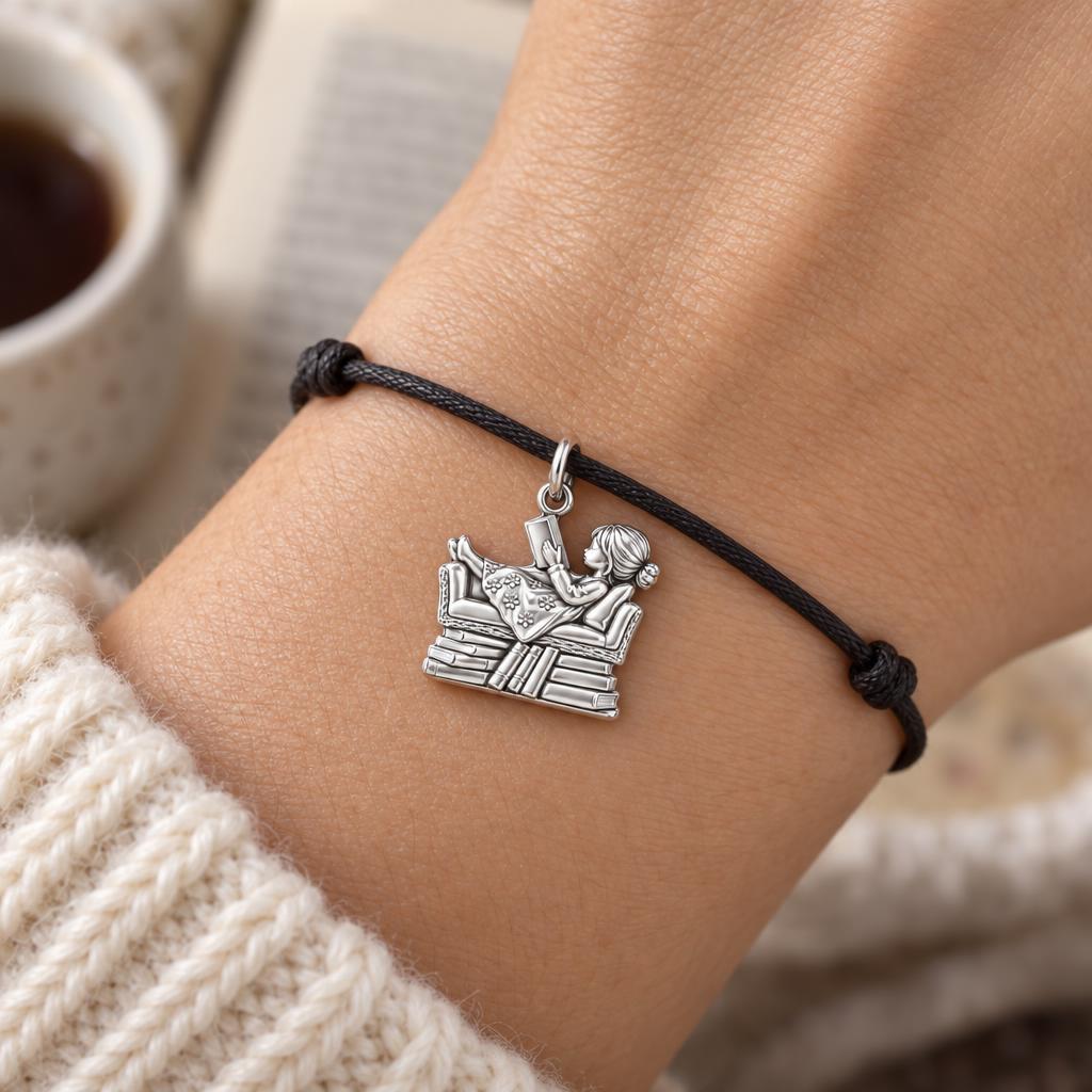 Cozy Armchair Reader Charm and Polyester Cord Bracelet Set