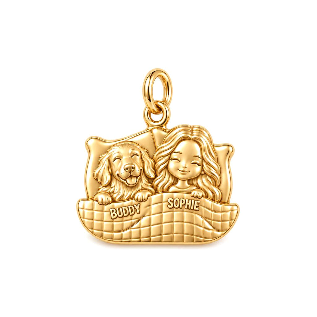 Cozy Bedtime Cuddles Charm Bracelet – Personalized Dog Mom Gift – 18K gold plated 3 cm charm, front view