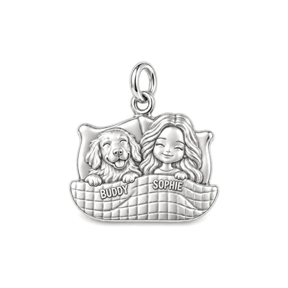Cozy Bedtime Cuddles Charm Bracelet – Personalized Dog Mom Gift – silver plated 3 cm charm, front view