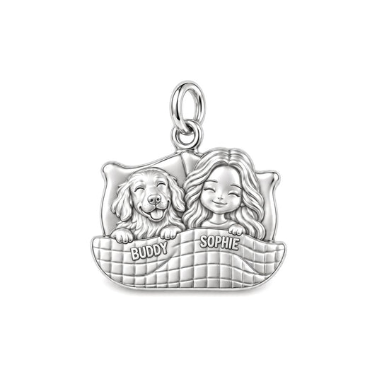 Cozy Bedtime Cuddles Charm Bracelet – Personalized Dog Mom Gift – silver plated 3 cm charm, front view
