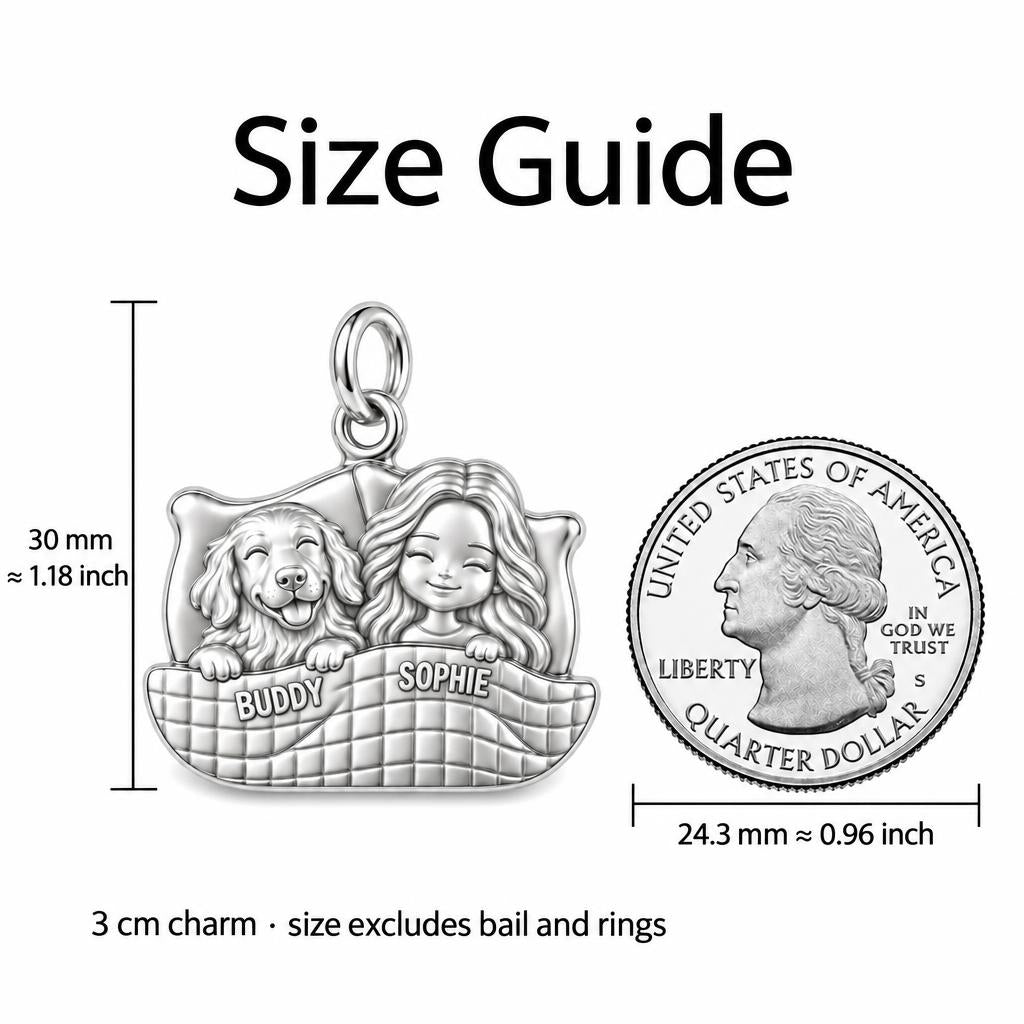 Cozy Bedtime Cuddles Charm Bracelet – Personalized Dog Mom Gift – size guide, 3 cm charm next to a quarter