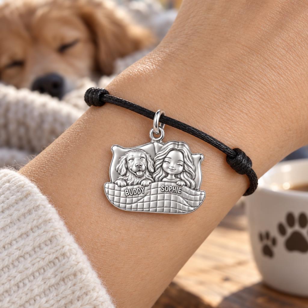 Cozy Bedtime Cuddles Charm Bracelet – Personalized Dog Mom Gift – worn on the wrist on a black cord bracelet