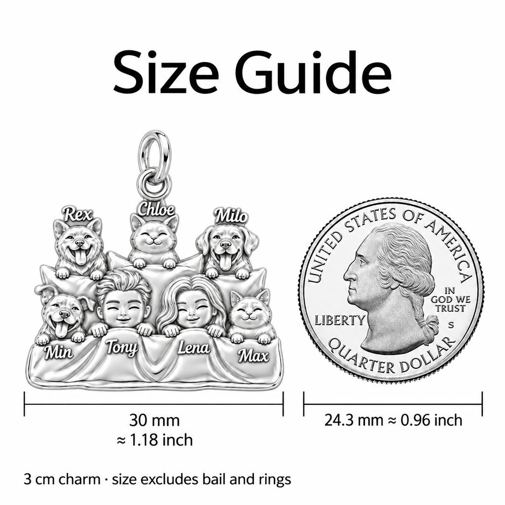 Cozy Bedtime Family Charm Bracelet – Personalized Couple Gift – size guide, 3 cm charm next to a quarter