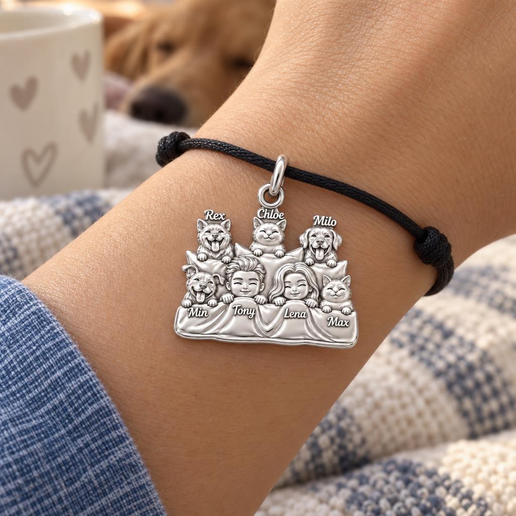 Cozy Bedtime Family Charm Bracelet – Personalized Couple Gift – worn on the wrist on a black cord bracelet