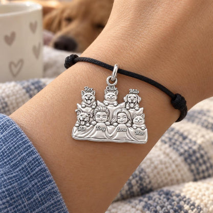 Cozy Bedtime Family Charm Bracelet – Personalized Couple Gift – worn on the wrist on a black cord bracelet