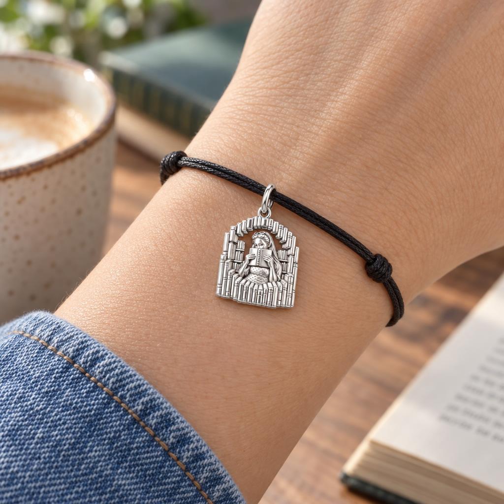 Cozy Book Nook Charm Bracelet – Personalized Book Lover Gift – worn on the wrist on a black cord bracelet