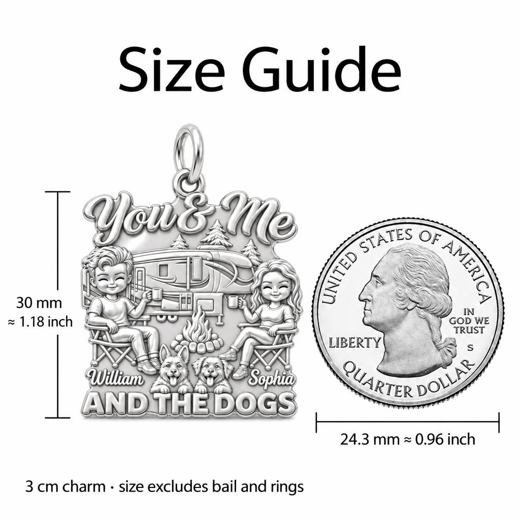 Cozy Campfire Caravan Charm Bracelet – Personalized Couple Gift – size guide, 3 cm charm next to a quarter