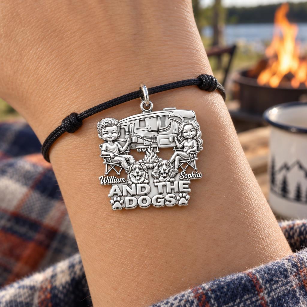 Cozy Campfire Caravan Charm Bracelet – Personalized Couple Gift – worn on the wrist on a black cord bracelet