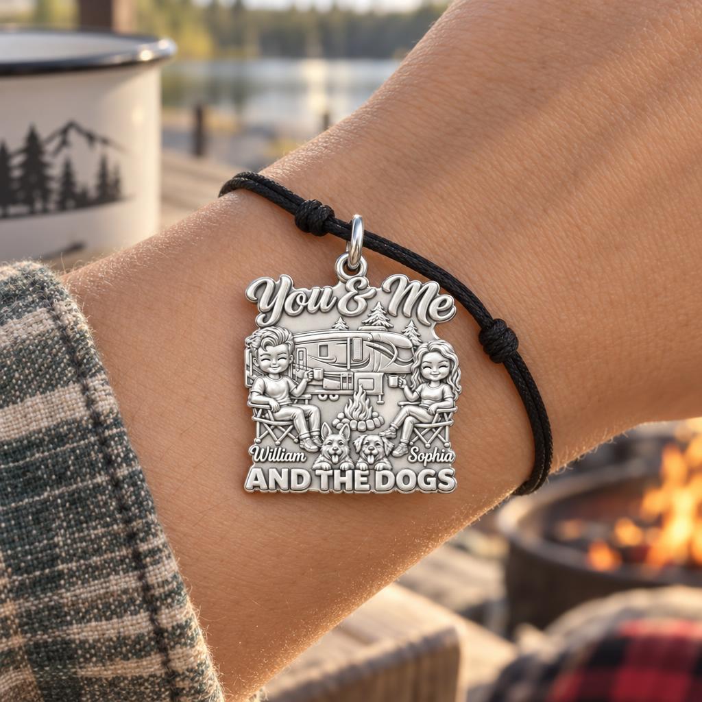 Cozy Campfire Caravan Charm Bracelet – Personalized Couple Gift – worn on the wrist on a black cord bracelet